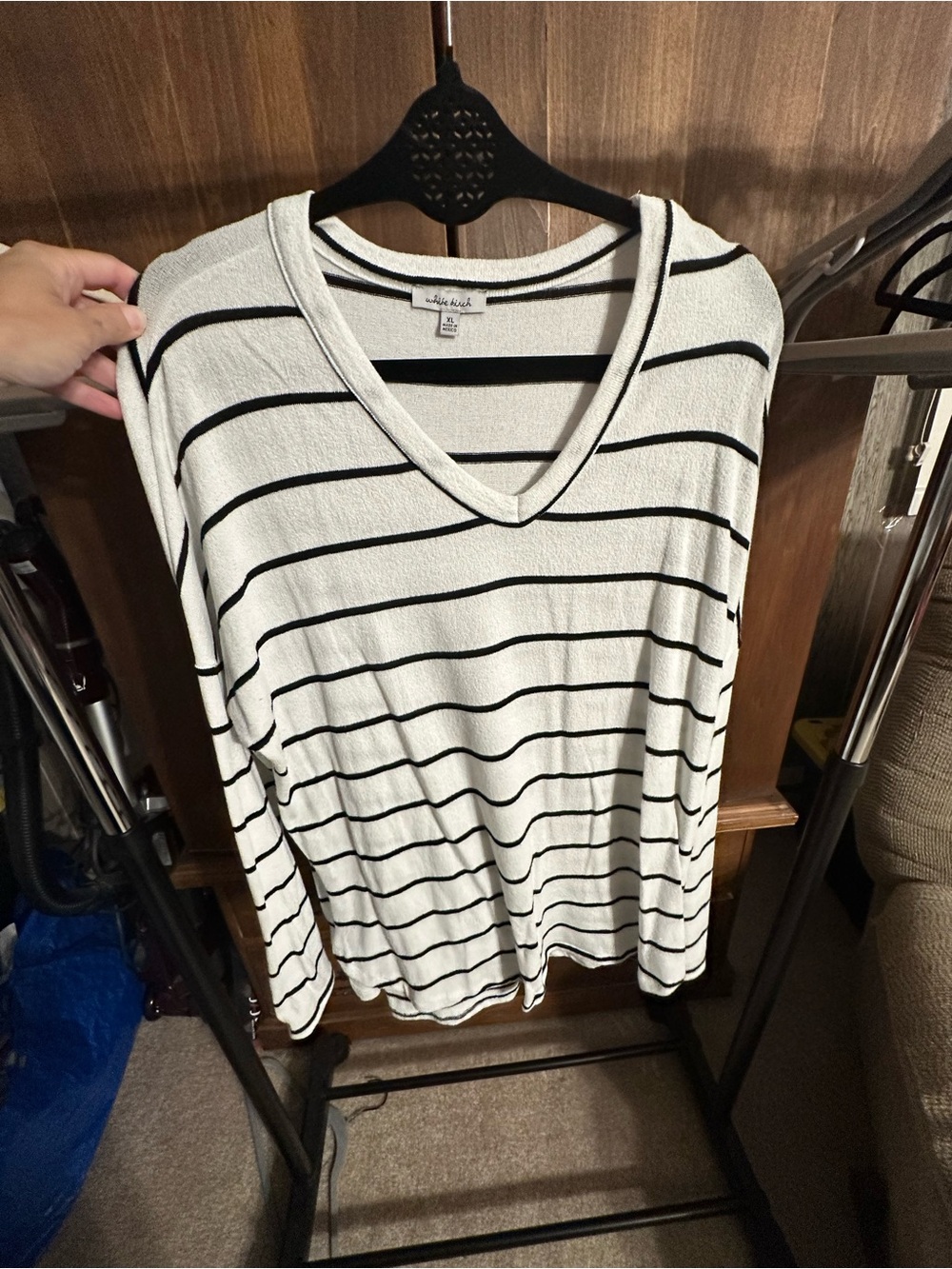White Birch - Striped V-Neck Long Sleeve Top in White and Black